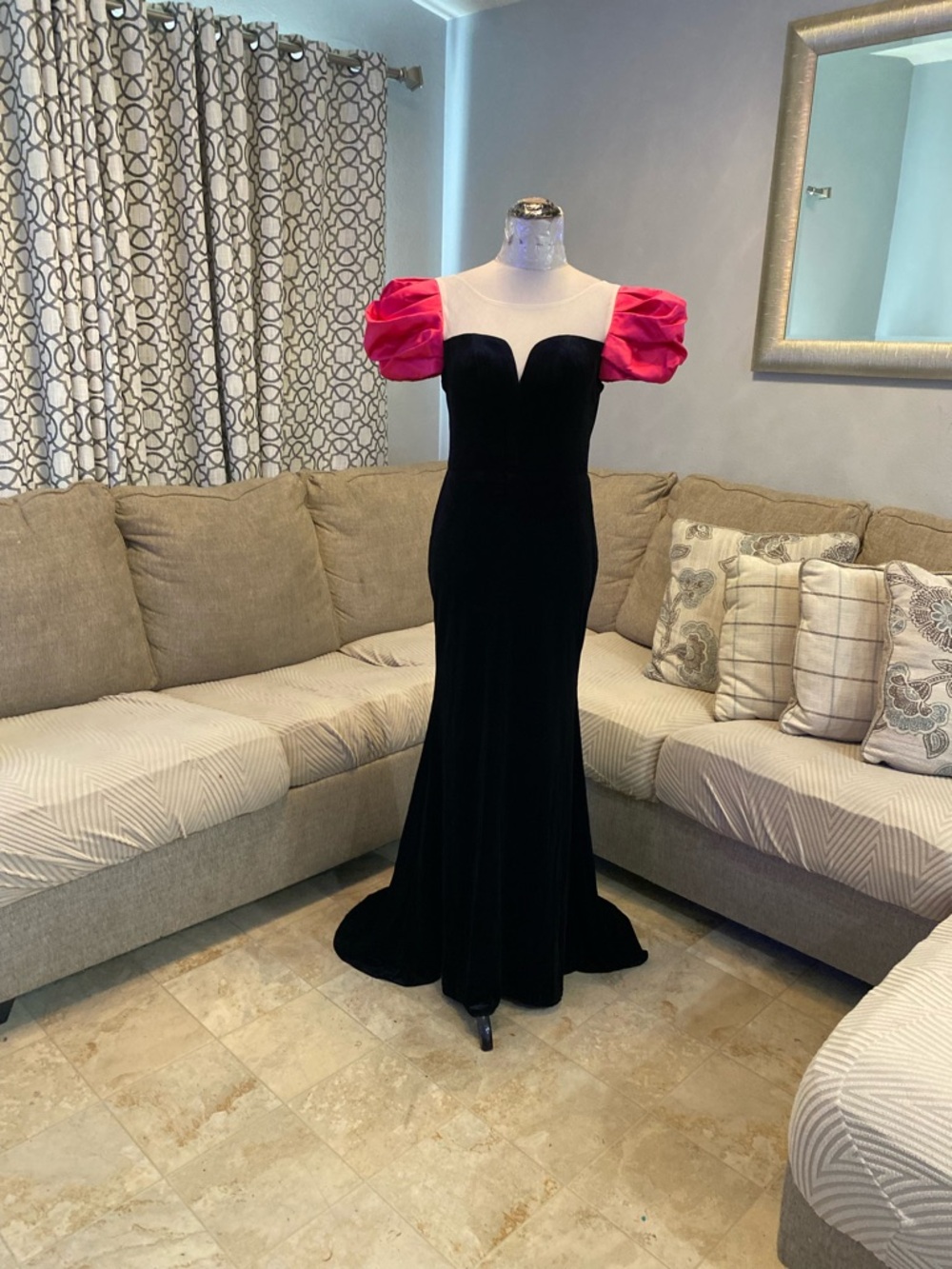 New Women size 2 Vintage Style Black Velvet Mermaid Maxi Dress,Pink Puff Sleeves